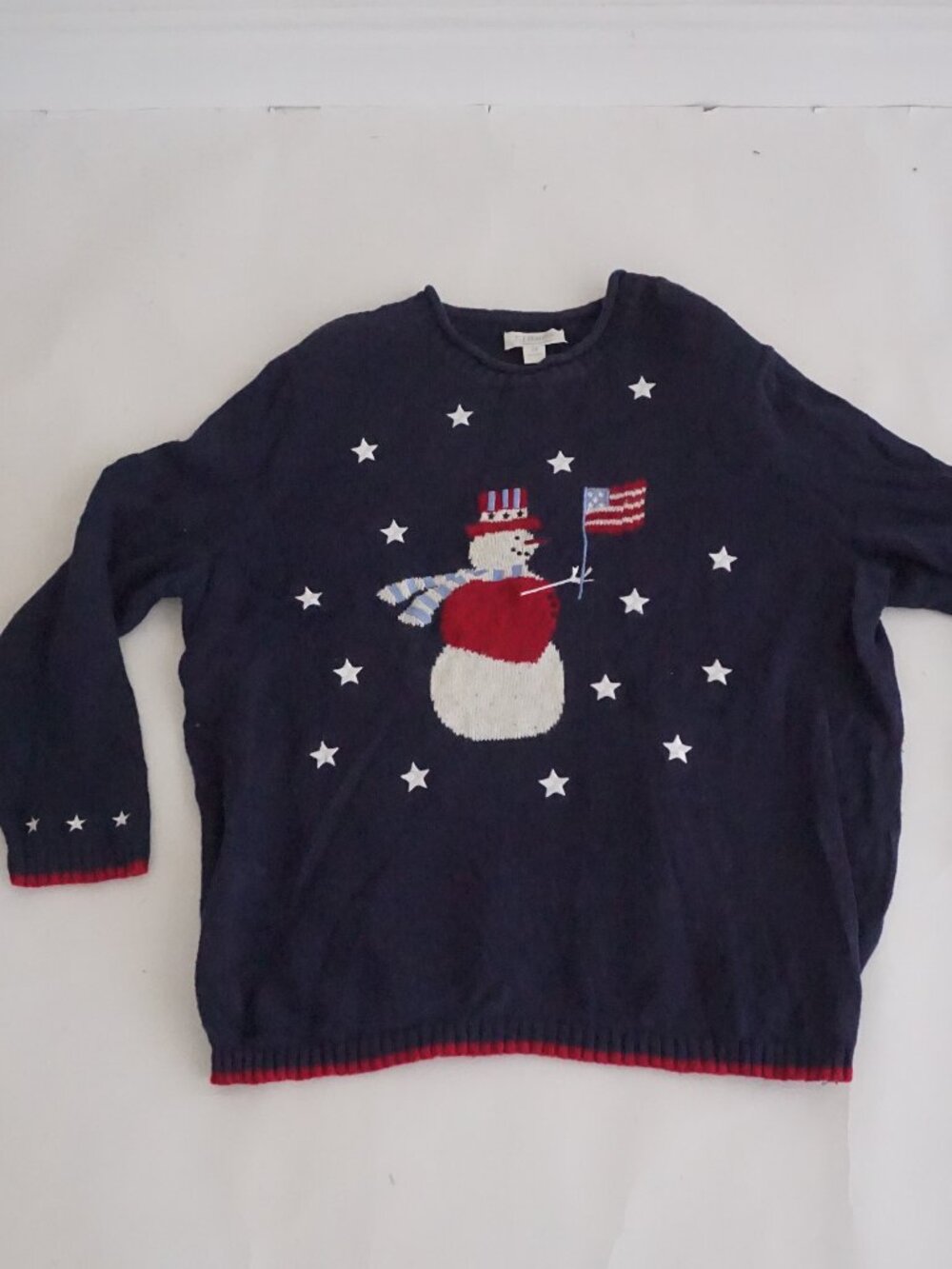 Vintage CJ Banks Navy Snowman American Flag Stars Patriotic Knit Sweater 3X